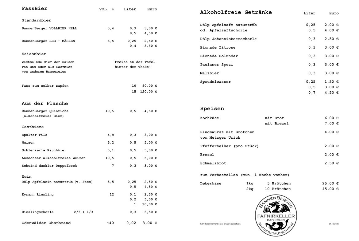 FAFNIRKELLER: Speise- und Getränkekarte